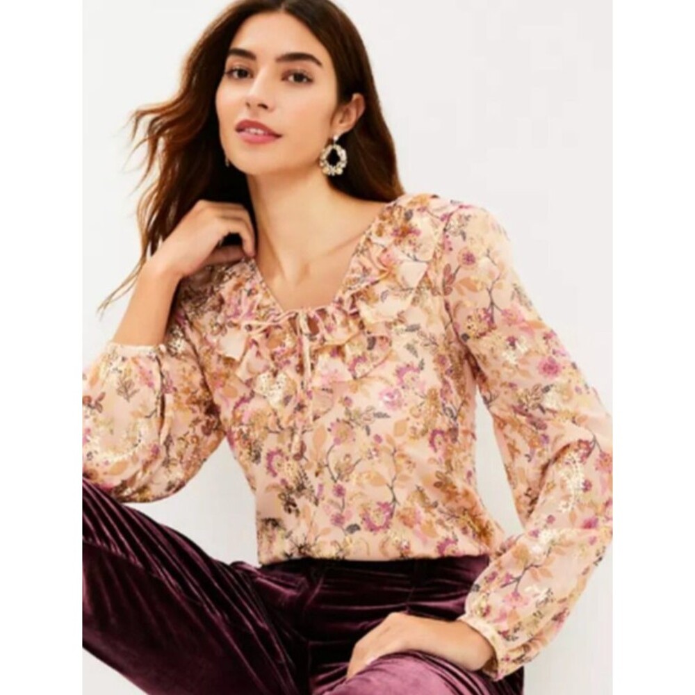 LOFT Long Sleeve Blouse Top Size S Metallic Floral Ruffles Career Office Attire